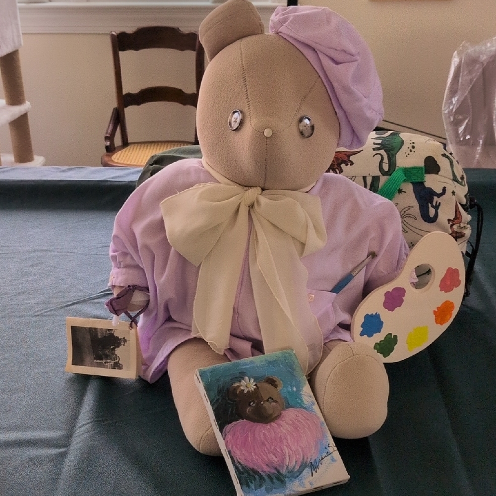 vintage handmade "Artist" teddy Bear in Lavender Outfit with Cream Bow